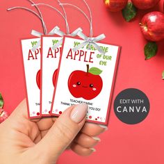 hand holding up three apple bookmarks with apples in the background and text that reads, you are one apple of our eye