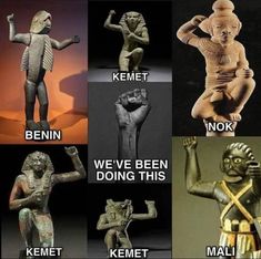 an assortment of ancient statues with captions in english and arabic writing, including the words we've been doing this