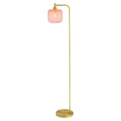 a floor lamp with a pink shade on the top and a gold base, against a white background