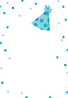 a blue party hat on top of a white background with polka dotes and dots