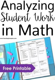 a binder with the text, analyzing student work in math free printables