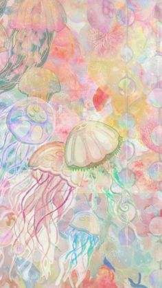 an abstract painting with jellyfish and flowers