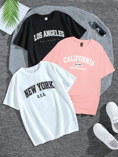 3pcs/Set Casual Women Round Neck Short Sleeve New York, Los Angeles, California Letter Print T-Shirts, Suitable For Summer Multicolor Casual  Short Sleeve Knitted Fabric Colorblock,Letter  Slight Stretch  Women Clothing, size features are:Bust: ,Length: ,Sleeve Length: New York Clothes, California T Shirt, White Tracksuit, Los Angeles Shirt, Cute T Shirts, Silk T Shirt, Casual Preppy Outfits, Shirt Refashion, Women's Button Down Shirt