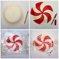 paper plates with red and white candy canes on them next to scissors, tape, glue, and other crafting supplies