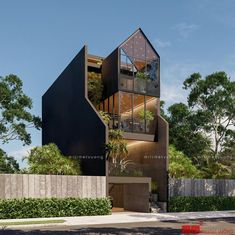 an architectural rendering of a modern house in the middle of trees and bushes, with stairs leading up to the second floor