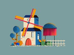 an illustration of a house with a windmill on the roof