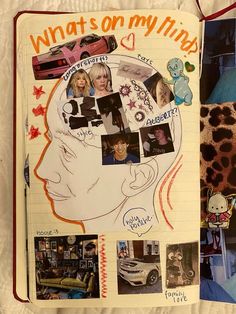 an open notebook with pictures of people and cars on it, along with the words what's on my mind