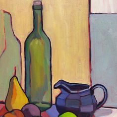 a painting of fruit and a bottle on a table