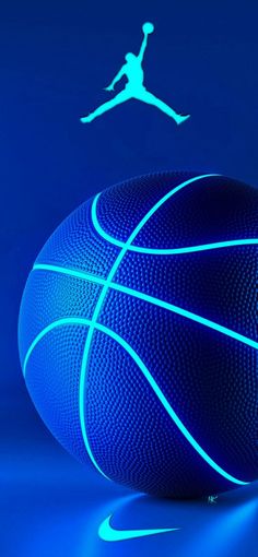 a blue basketball ball with the nike logo on it is in front of a dark background