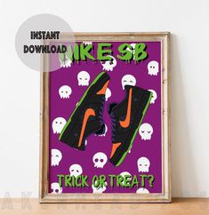 Nike SB trick or treat Sneakerhead Hypebeast poster DIGITAL by SneakerheadPoster. Wall art DIGITAL. Hypebeast gift home decor aestetic poster. SNEAKERHEAD / HYPEBEAST home wall art print. Perfect artwork for the modernist gift. Sneakerhead printables for Hypebeast room decor. Nike Sb, Trick Or Treat, Art Digital