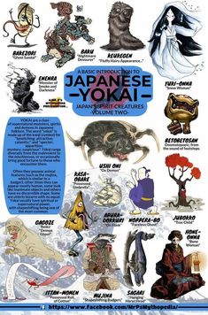 an image of japanese yokai characters with their names in english and japanese on it