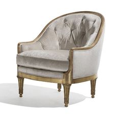 an elegant chair with gold trimmings and grey upholstered fabric, on a white background