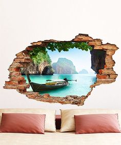 there is a boat that is sitting in the water through a hole in the wall