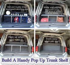 there are four pictures of the back of a van with its trunk open and items in it