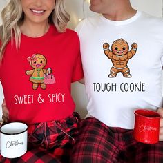 Celebrate Christmas with a dash of humor and a lot of love in our Funny Gingerbread Couples Bella Canvas Matching Shirts! Whether you're cozying up by the fire or hitting the holiday party circuit, these shirts are designed to make you and your special someone the sweetest couple around.  Listing is for individual shirts, not the set and pajama pants not included. ❤❤ I love custom orders! If you'd like to see this design customized with names on the sleeve or back, please contact me and I'd be happy to help you! *  I use Bella + Canvas 3001 shirts, which are unisex sizing (men's slim fit). *  This classic unisex soft jersey short sleeve tee fits like a well-loved favorite. *  100% Airlume combed and ringspun cotton (100% cotton for  solid colors. Heather colors and sports grey include poly Funny Matching T Shirts, Couple Shirts Funny, Matching Halloween Shirts For Couples, Couples Christmas Pictures, Matching Christmas Pajamas Couples, Grinch Pajamas, Couple T Shirt Design, Xmas Pjs, Funny Couple Shirts