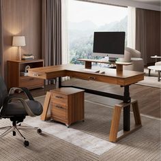 a desk with a computer monitor on top of it next to a chair and ottoman