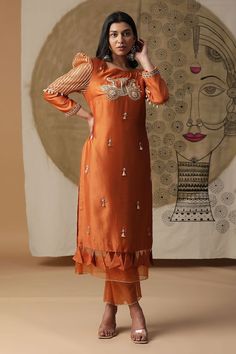 Burnt orange kurta with bike motif hand embroidery, lace work and cori shells on sleeves. Paired with a straight pant with scalloped hem and an embroidered dupatta. - Aza Fashions Jayanti Reddy, Anushree Reddy, Kurta Pant Set, Rohit Bal, Tarun Tahiliani, Embroidered Dupatta, Luxury Sale, Kurta With Pants, Embroidery Lace