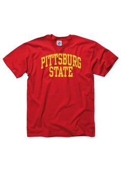 Show off your team pride in this Pitt State Gorillas Red Arch Short Sleeve T Shirt! This Pitt State Short Sleeve Tee features a screen printed wordmark `Pittsburg State`. Make sure everyone knows you root for the Gorillas with this Red Pitt State T Shirt. Always a Gorilla! Classic Fit, Tubular construction, Taped neck and shoulders, Quarter-turned to eliminate center crease, Unisex, Fit: True to Size, 100% Cotton Cheap Sports T-shirt With Graphic Design, University Red Crew Neck T-shirt For College, University Red Collegiate T-shirt With Letter Print, Red Team Spirit Tops With Logo Print, Red Tops With Team Spirit Logo Print, Red Cotton T-shirt With Team Name, Red Jersey Top For Game Day, Red Screen Print T-shirt For Sports Season, Red Jersey T-shirt For Sports Season