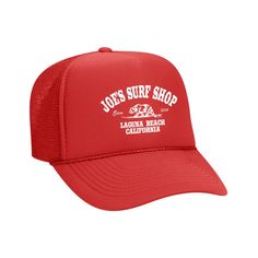 Joe's Surf Shop California Foam Trucker Hat Beach Trucker Hat With Flat Brim, Beach-style Trucker Hat With 5-panel Design, Outdoor Baseball Cap For Beach Season, Retro Red Beach Hat, Summer Beach Trucker Hat, 5-panel Design, Summer Beach Trucker Hat, 5-panel, Summer Beach Trucker Hat 5-panel, Red Trucker Hat For Beach, Lightweight Trucker Hat For Beach