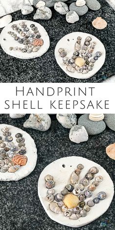 two plates with shells on them and the words handprint shell keepsake written in white