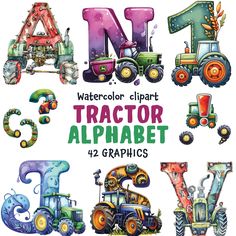 watercolor alphabets with tractors and farm animals