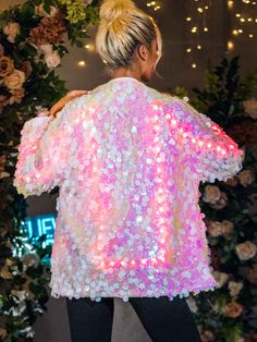 Features of long sleeve sequin jacket 💖Glitter decoration: The surface of this jacket is decorated with sequins of different sizes, giving it a charming glow during the day and night. The lining is made of soft and comfortable material, making it comfortable for you to wear.💖LED light strip design: The long sleeve sequin jacket has a built-in LED light strip, which can emit a dazzling light when turned on, especially in nightclubs or clubs, making you the focus of the crowd. Whether you're dan Glamorous Spring Sequin Fabric With Contrast Sequins, Glamorous Contrast Sequin Fabric For Spring, Trendy Outerwear With Contrast Sequin For Party, Spring Disco Glitter Sequin Fabric, Spring Disco Sequin Fabric With Glitter, Glamorous Sequin Fabric For Festive Spring Occasions, Glamorous Spring Festive Sequin Fabric, Summer Party Sequined Outerwear, Summer Party Outerwear With Sequins