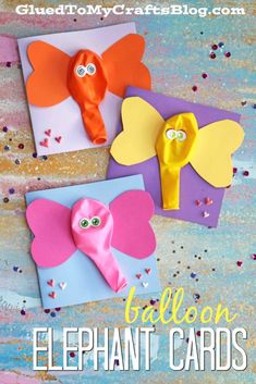 three cards with different designs on them and the words balloon elephant cards