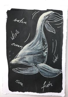 a black and white drawing of a humpback whale with words written on it