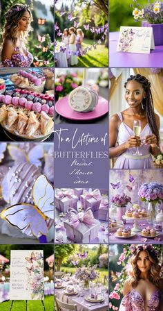 a collage of photos with purple flowers and butterflies on them, including cake, cupcakes