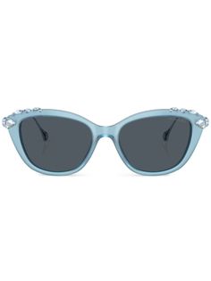 light blue acetate crystal embellishment cat-eye frame tinted lenses logo-engraved arm straight arms curved tips These glasses come with a protective case. Lens Logo, Eye Frames, Cat Eye Frames, Crystal Embellishment, Sunglass Frames, Swarovski Crystal, Protective Cases, Cat Eye, Sunglasses Accessories