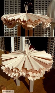 two pictures of an umbrella made out of paper