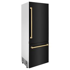 a black and white refrigerator with gold handles