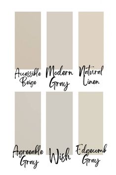 four different shades of neutral paint with the words,'grey and white'on them