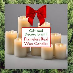 candles with red ribbon and gift card for flameless real wax candles