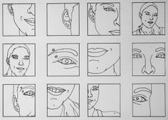 nine different faces drawn in black and white with one being an eye, the other looking at