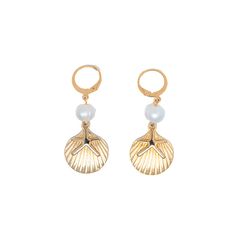 Get ready to shine with the Charleston Earrings! These gold-colored huggie earrings are pure coastal charm, featuring delicate pearl accents and adorable gold sea shell charms. Perfect for adding a touch of beachy elegance to any outfit, the Charleston Earrings will have you dreaming of sun-soaked shores and salty sea breezes. Whether you're out for a stroll by the beach or just wishing you were, these earrings bring a splash of ocean fun wherever you go. Slip them on and let the seaside magic b Cheap Gold Shell Drop Earrings, Cheap Dangle Earrings For Beach Season, Cheap Chic Earrings For Beach, Summer Gold Pearl Drop Earrings, Gold Pearl Earrings For Summer Gifts, Gold Pearl Earrings As Summer Gift, Gold Pearl Drop Earrings For Summer, Gold Pearl Earrings Perfect For Summer Gifts, Elegant Summer Starfish Charm Earrings