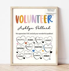 a poster with the words volunteer and hearts