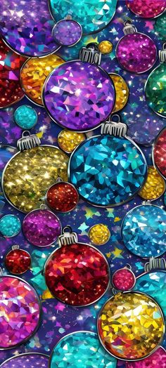 colorful christmas ornaments with glitter on them