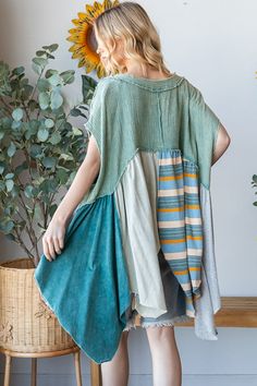 Oli & Hali OVERSIZED Mixed Fabric Babydoll Top in Dusty Green – June Adel Short Sleeve Patchwork Tops For Loungewear, Patchwork Top For Summer Loungewear, Cotton Patchwork Top For The Beach, Cotton Patchwork Top For Beach, Beach Cotton Tops With Patchwork, Umgee Clothing, Consuela Bags, Umgee Dress, Dusty Green