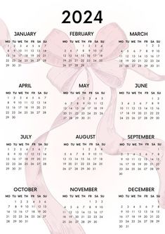 a calendar with pink flowers on it and the date for each month in black ink