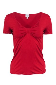 Current Boutique-Armani Collezioni - Dark Red Short Sleeve Tee w/ Ruched Bust Sz 6 Chic Red Fitted Top, Casual Red Ruched Top, Elegant Short Sleeve Ruched Top, Elegant Ruched Short Sleeve Tops, Elegant Ruched Top With Short Sleeves, Jeans And Booties, Head Shop, Armani Collezioni, Vacation Style