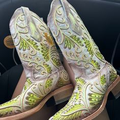 Nwt Shaft Height: 12” Heel Height: 1 1/2” Material: Cowhide Neon Black Light Green Fluorescent Embroidery And Studs White Square Toe Cowboy Boot Multicolor Western Boots For Spring, Fitted Multicolor Snip Toe Boots, Multicolor Western Boots With Snip Toe, Fitted Multicolor Western Boots, Green Snip Toe Ranch Boots, Western Green Snip Toe Boots, Green Western Ankle Boots, Green Western Style Ankle Boots, Fitted Green Boots With Leather Sole