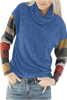 Color Blocked Long Sleeve Blue Cowl Neck Sweatshirt Multicolor Color Block Top For Fall, Casual Raglan Sleeve Tops With Contrast Color, Long Sleeve Color Block Tops For Layering, Casual Light Blue Patchwork Tops, Color Block Tops For Fall Layering, Casual Multicolor Tops With Striped Sleeves, Casual Patchwork Sweatshirt For Layering, Blue Color Block Long Sleeve Sweatshirt, Casual Contrast Color Fall Sweatshirt