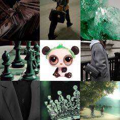 a collage of photos with green and black items on them, including a man in a suit