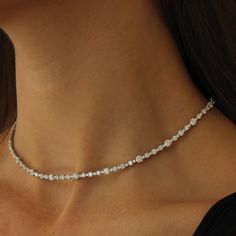 Luxury Diamond Choker For Formal Occasions, Dazzling Diamond Choker Necklace, Fine Jewelry White Gold Diamond Choker Necklace, Luxury Diamond Choker Jewelry, White Gold Diamond Choker Necklace, Silver Diamond Round Choker, Diamond Choker Necklace With Diamond Accents, Formal Diamond Tennis Necklace Choker, Formal Diamond Tennis Choker Necklace