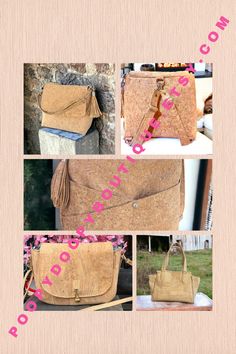 an advertisement for a handbag made out of cork with pictures of the inside and outside