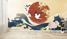 Transform your space into a tranquil oasis with our Japanese Wallpaper featuring graceful crane birds and stunning Japanese wall art. Our peel and stick wallpaper is easy to install and remove, making it perfect for anyone who likes to switch up their decor. This Asian-inspired wallpaper mural creates a peaceful atmosphere with its japanese design and nature-inspired elements. Use it as a in your living room or bedroom for a serene and stylish look. Our self-adhesive wallpaper is made of high-qu Asian Mural, Japanese Mural, Watercolor Chinoiserie, Bedroom Mural, Japanese Wallpaper, Birds Wallpaper, Ink Water, Chinoiserie Design, Bedroom Murals