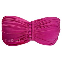 Presenting a fabulous hot pink Valentino Night bandeau top. From the 1980s, this beautiful ruched crop top features a button-down closure between the breasts. This ultra-sexy top is the perfect timeless vintage addition to any modern wardrobe! Approximate measurements: Size - 10US Top of bust to hem: 5 - 9" Bust: 29 - 32" Pink Ruched Bandeau Top, Summer Ruched Pink Tube Top, Summer Pink Ruched Tube Top, Pink Ruched Tube Top For Summer, Pink Tube Top For Summer Evening, Chic Fitted Tube Top With Buttons, Elegant Pink Bandeau Tube Top, Fitted Summer Tube Top With Buttons, Pink Bandeau Tube Top For Evening