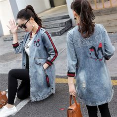 FREE SHIPPING Penguin Embroidery Denim Jacket Coat Spring Long Ripped Denim Jacket Women Plus Size Jeans Jacket Women Tops New JKP2061 Casual Long Sleeve Outerwear With Patches, Casual Spring Outerwear With Patches, Denim Outerwear With Patches And Long Sleeves, Embroidered Denim Outerwear For Streetwear, Casual Hooded Outerwear With Patches, Casual Embroidered Denim Outerwear, Casual Embroidered Denim Blue Outerwear, Casual Winter Denim Jacket With Patches, Casual Embroidered Denim Jacket For Winter