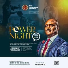 a flyer for the power night with an image of a man in a suit and tie